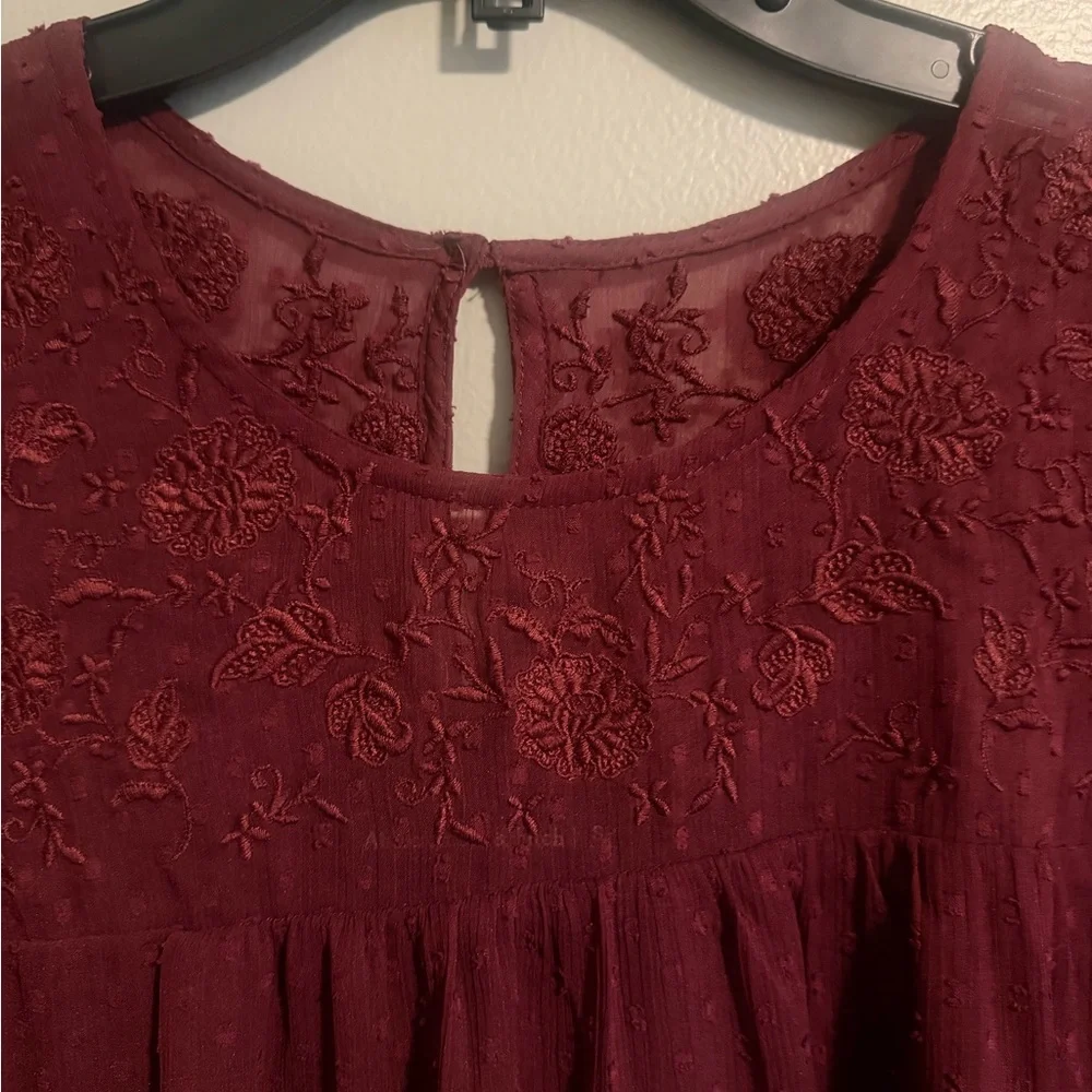 Abercrombie & Fitch Maroon Swiss Dot Sheer sleeve embroidered short dress PS